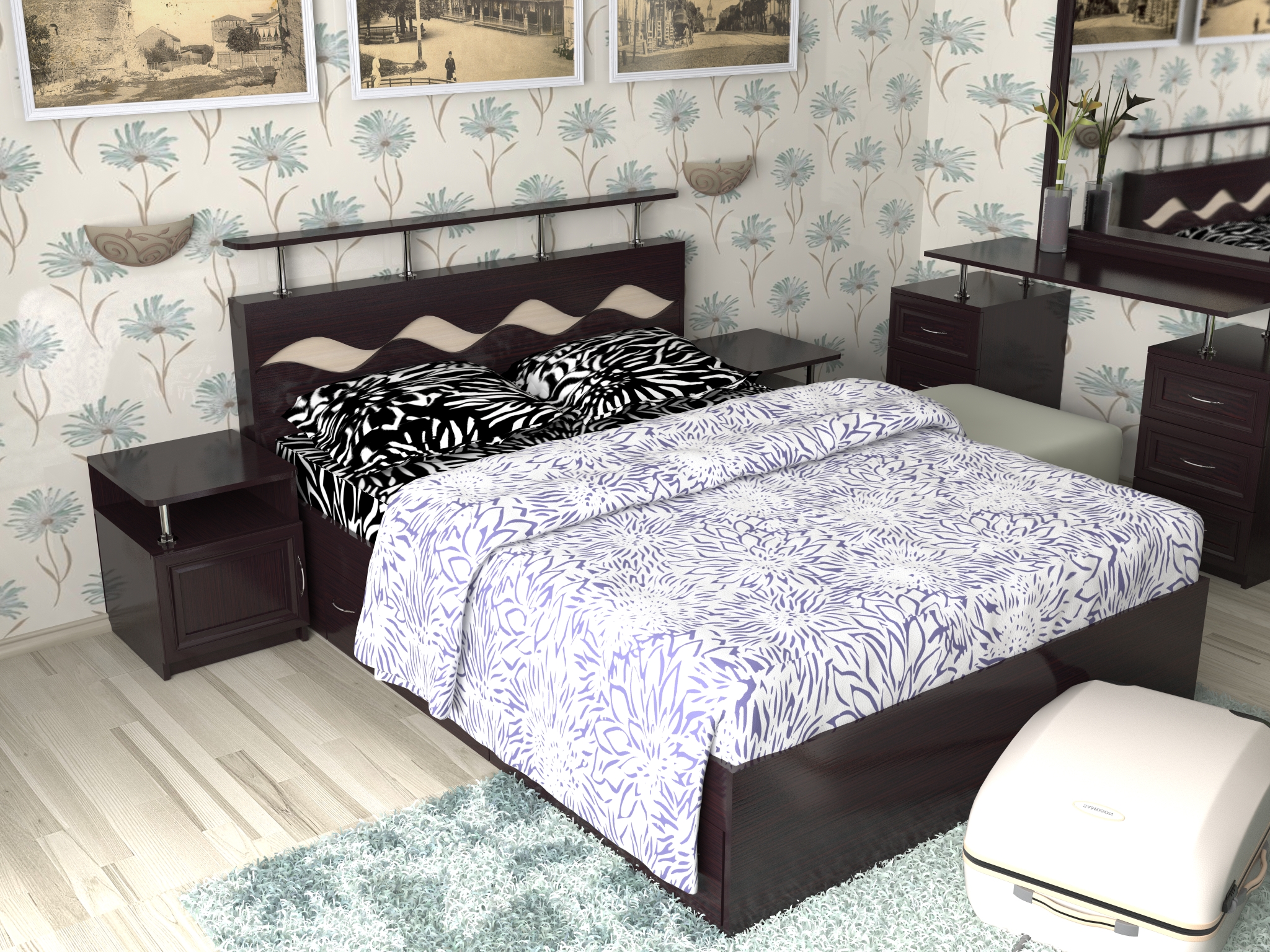 картинка Двуспальная кровать Волна-3 с ящиками интернет-магазин Энигуд.ру