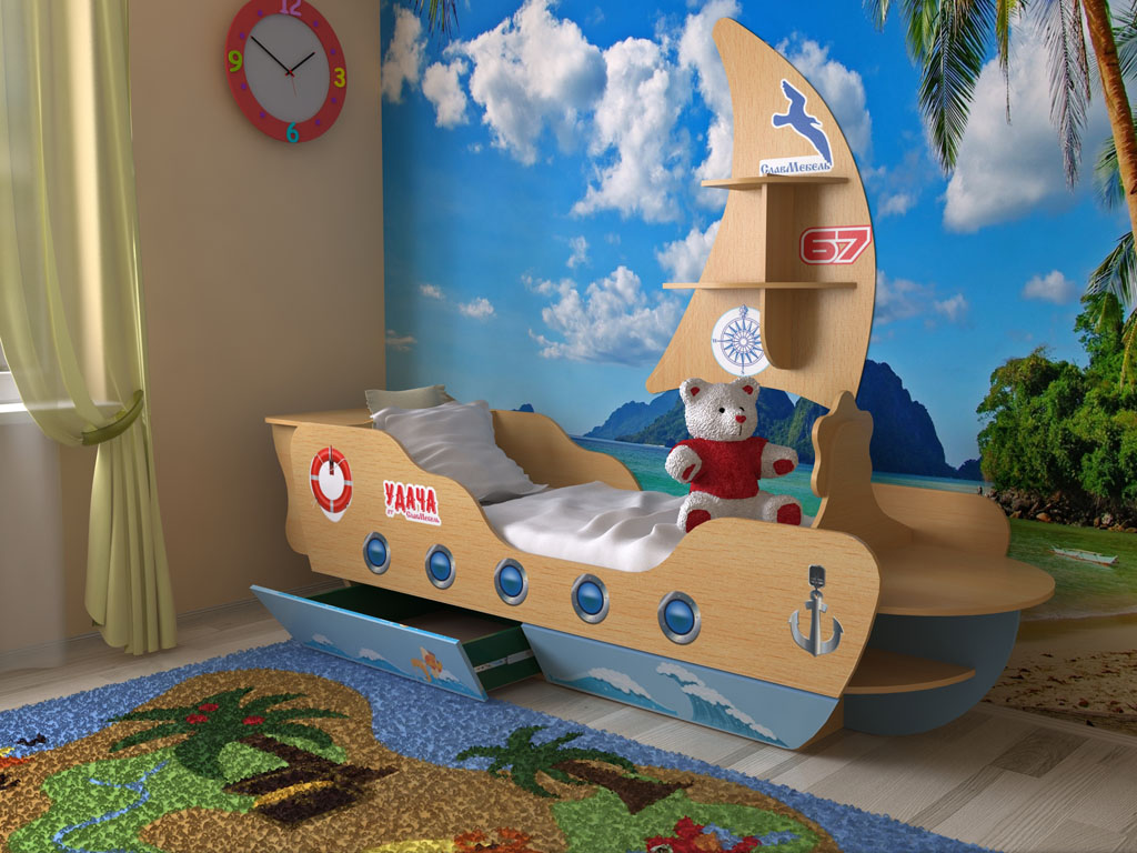 картинка Детская кровать Кораблик с ящиками и парусом интернет-магазин Энигуд.ру