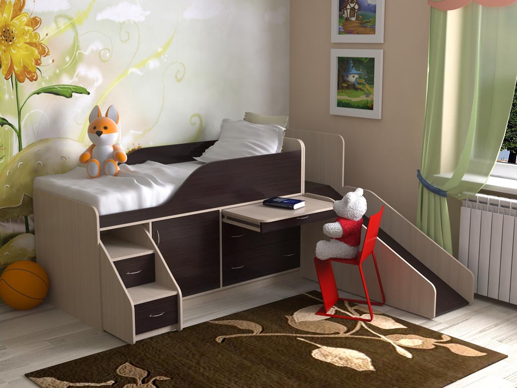 картинка Детская кровать-чердак со столом Кузя-3 Мини с горкой интернет-магазин Энигуд.ру