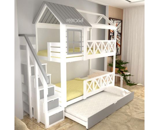картинка АСССОРТИ двухъярусная выдвижная кровать-домик из массива интернет-магазин Энигуд.ру