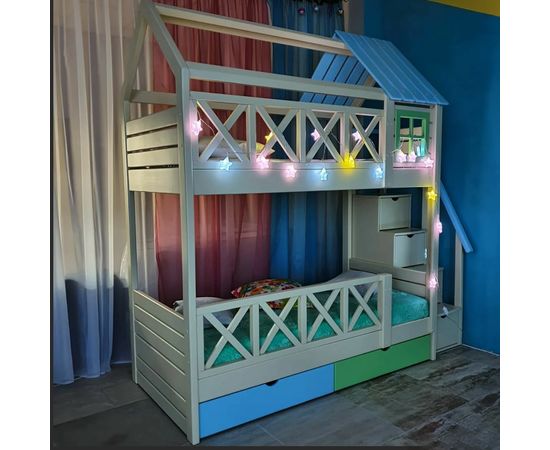 картинка АСССОРТИ двухъярусная выдвижная кровать-домик из массива интернет-магазин Энигуд.ру