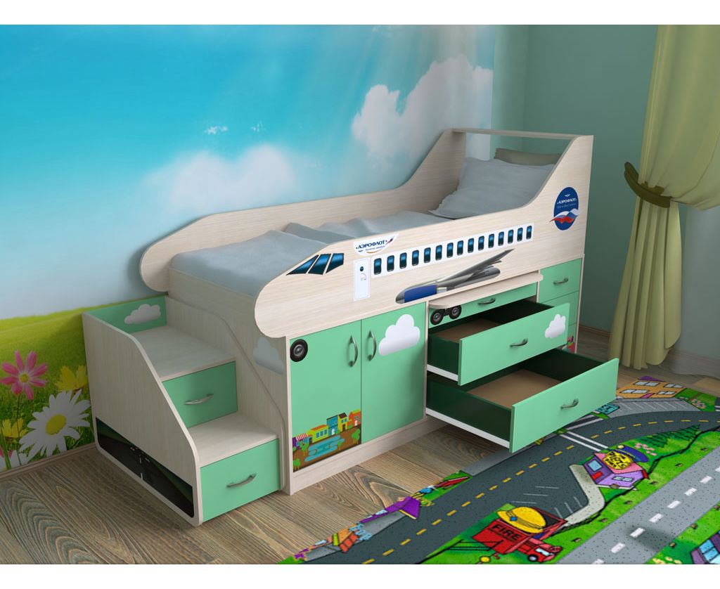картинка Кровать чердак Самолет с горкой интернет-магазин Энигуд.ру