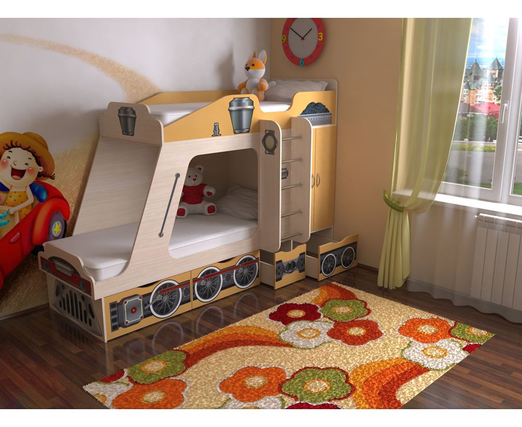 картинка Двухъярусная кровать Паровозик с ящиками интернет-магазин Энигуд.ру